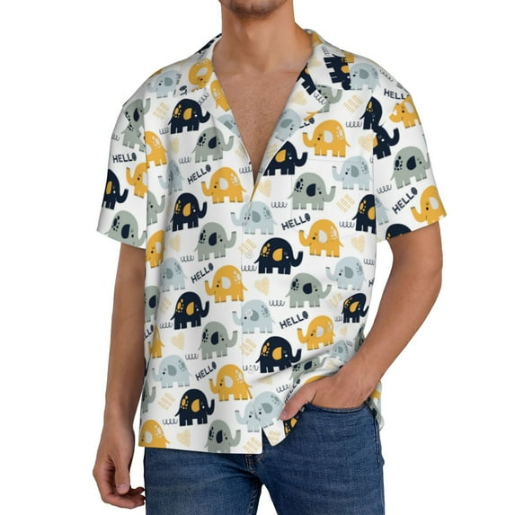 Sikiie Cute Elephant Men's Cuban Shirt, Hawaiian Shirts, Business Casual Button Down Shirts, Short Sleeve Shirt-Small