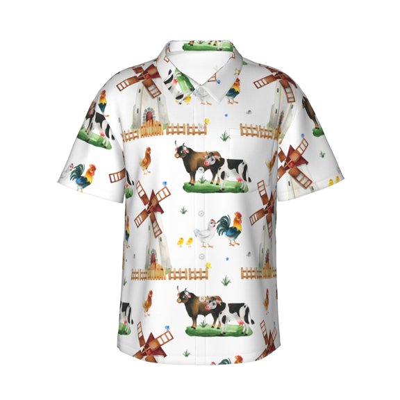 Sikiie Cute Farm Print Men's Hawaiian Shirt, Summer Beach Button Pocket Short Sleeve T-Shirt,XX-Large