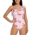 thumbnail image 1 of Sikiie Cute Flamingo with Heart Print Women One Piece Swimsuits Tummy Control One Shoulder Bathing Suits Ruffle Swimwear, From S to XXL-Medium, 1 of 6