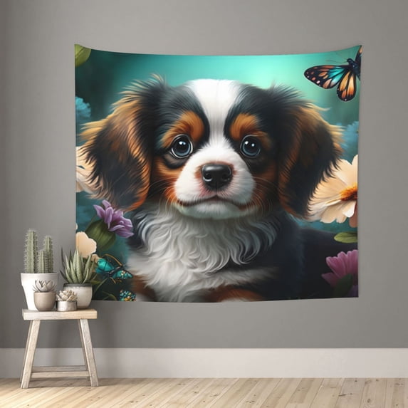 Sikiie Cute Flower Puppy Butterfly tapestry wall hanging home decor for bedrooms, living rooms, dorms 60x51in
