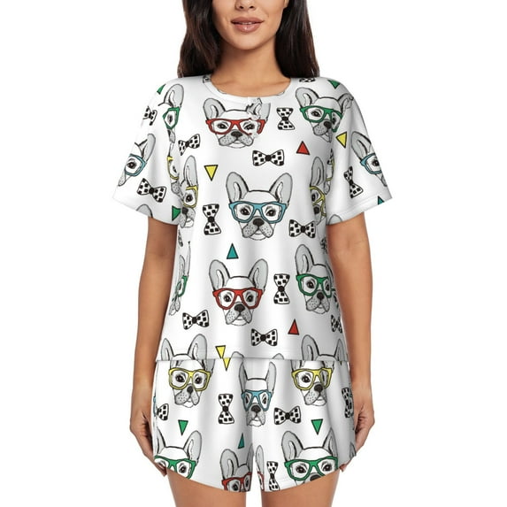 Sikiie Cute French Bulldog Womens Pajama Sets Short Sleeve Top With Pants Sleepwear 2 Piece Lounge SetX-Large