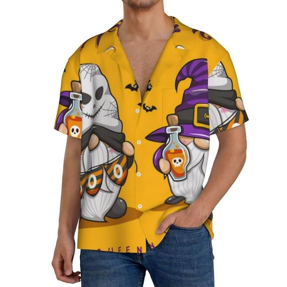 Sikiie Cute Gnomes Halloween Men's Cuban Shirt, Hawaiian Shirts, Business Casual Button Down Shirts, Short Sleeve Shirt-XX-Large