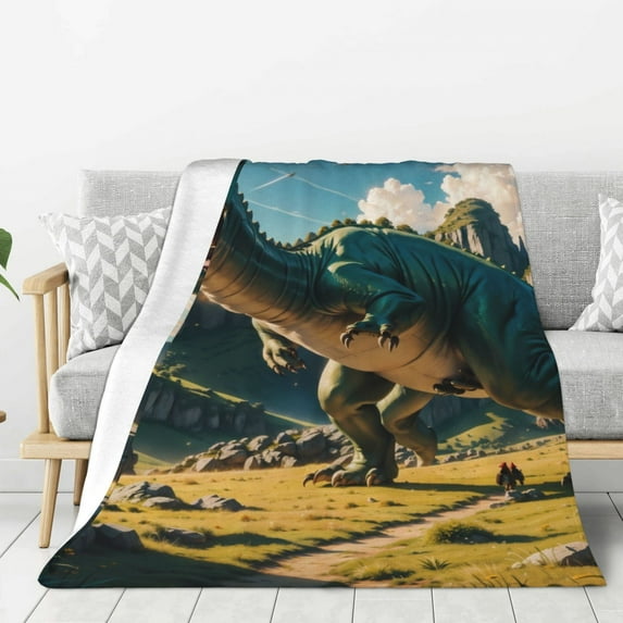 Sikiie Cute Green Dinosaur Blue Sky Cozy Flannel Fleece Throw Blanket: Lightweight & Thick for All Seasons - Perfect for Women, Men, & Kids"80"x60"