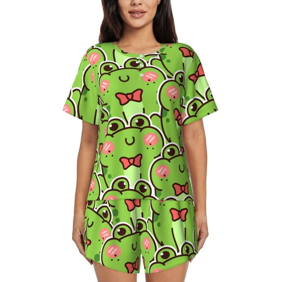 Sikiie Cute Green Frog Womens Pajama Sets Short Sleeve Top With Pants Sleepwear 2 Piece Lounge Set4X-Large