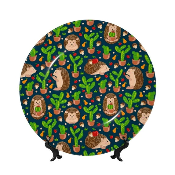 Sikiie Cute Hedgehogs Cactus Blue Bone China Decorative Plate Personality Ceramic Dinner Plate Crafts Decorative Ceramic Decorative Plate -7in
