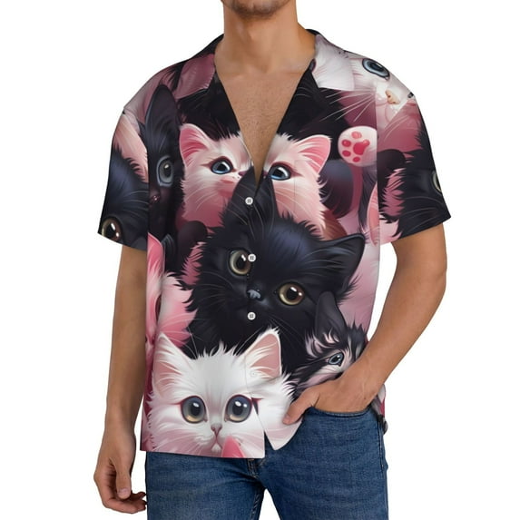 Sikiie Cute Kittens Group Portrait Men's Cuban Shirt, Hawaiian Shirts, Business Casual Button Down Shirts, Short Sleeve Shirt-3X-Large