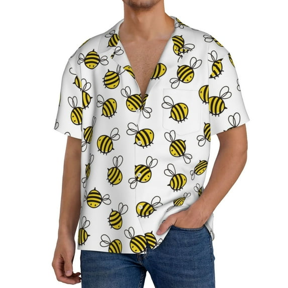 Sikiie Cute Little Bee Men's Wrinkle Free Untucked Cuban Shirt Business Casual Button Down Shirts Short Sleeve ShirtSmall