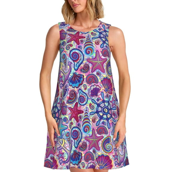Sikiie Cute Nautical Print Women's Sleeveless Dress with Pockets Round Neck Sundress, Suitable for Daily, Office, Vacation Summer Wear