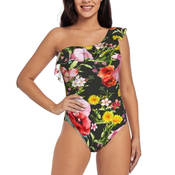 Sikiie Cute Pigs Sunflower Print Women One Piece Swimsuits Tummy Control One Shoulder Bathing Suits Ruffle Swimwear, From S to XXL-Medium
