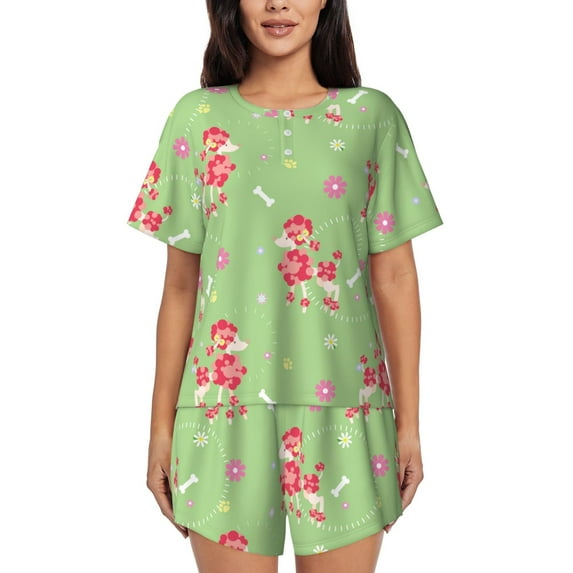 Sikiie Cute Poodle Dog Womens Pajama Sets Short Sleeve Top With Pants Sleepwear 2 Piece Lounge SetXX-Large
