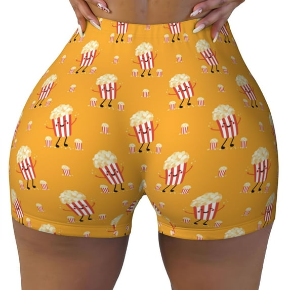 Sikiie Cute Popcorn Print Workout Shorts Women Scrunch Butt Gym Shorts Seamless High Waist Tummy Control Yoga Biker Athletic Shorts