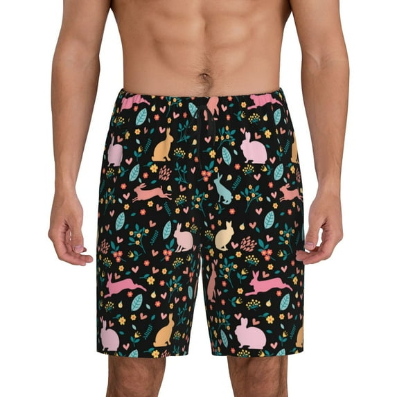 Sikiie Cute Rabbit And Flower Mens Pajama Shorts, Lightweight Lounge Pant with Pockets Soft Sleep Pj Shorts for MenSmall