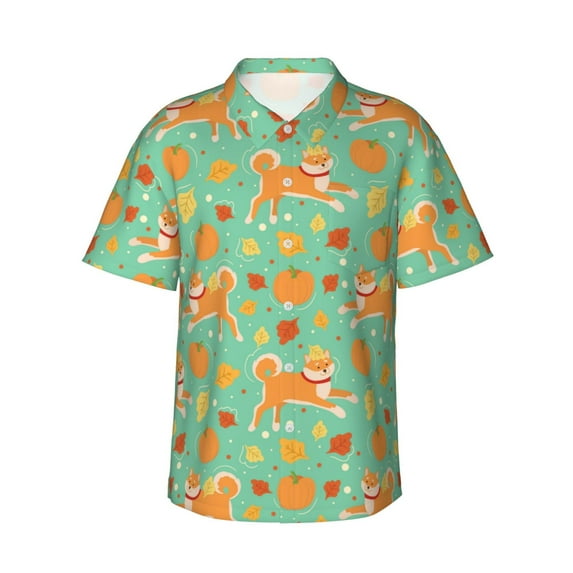 Sikiie Cute Shiba And Pumpkins Print Men's Hawaiian Shirt, Summer Beach Button Pocket Short Sleeve T-Shirt,XX-Large