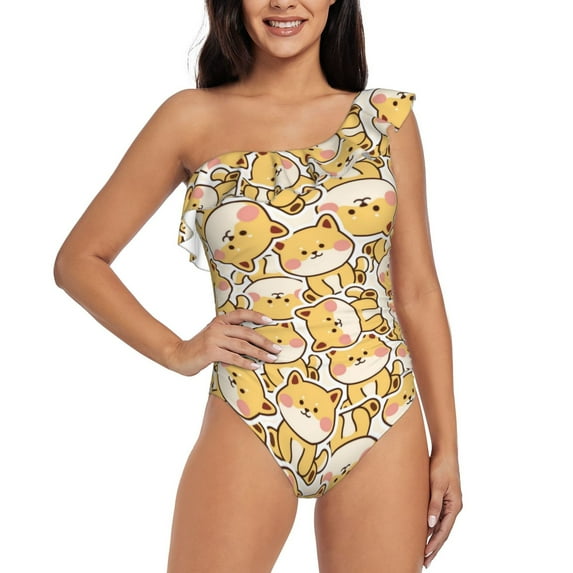 Sikiie Cute Shiba Print Women One Piece Swimsuits Tummy Control One Shoulder Bathing Suits Ruffle Swimwear, From S to XXL-Small