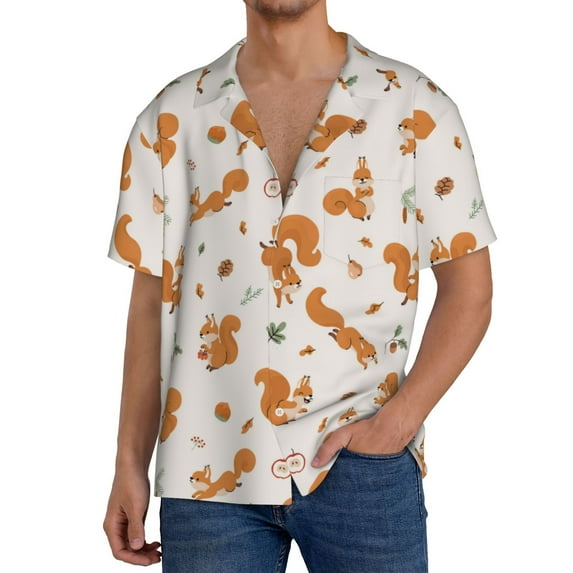 Sikiie Cute Squirrel Fall Men's Wrinkle Free Untucked Cuban Shirt Business Casual Button Down Shirts Short Sleeve ShirtLarge