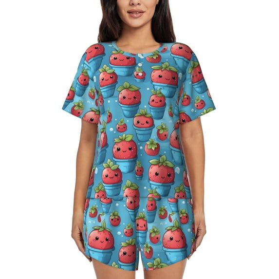 Sikiie Cute Strawberry Flower Pot Womens Pajama Sets Short Sleeve Top With Pants Sleepwear 2 Piece Lounge Set-X-Large