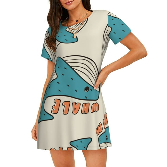 Sikiie Cute colorful whale Print Women's Short-sleeved Nightdress, Round Neck Pullover Nightdress Pajamas Summer Home Wear