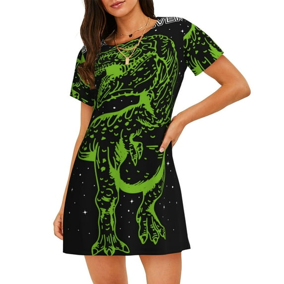 Sikiie DINOSAUR IN SPACE Print Women's Short-sleeved Nightdress, Round Neck Pullover Nightdress Pajamas Summer Home Wear