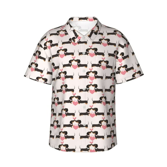 Sikiie Dachshund And Hearts Print Men's Hawaiian Shirt, Summer Beach Button Pocket Short Sleeve T-Shirt,XX-Large