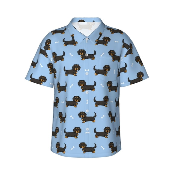 Sikiie Dachshund Dog Print Men's Hawaiian Shirt, Summer Beach Button Pocket Short Sleeve T-Shirt,3X-Large
