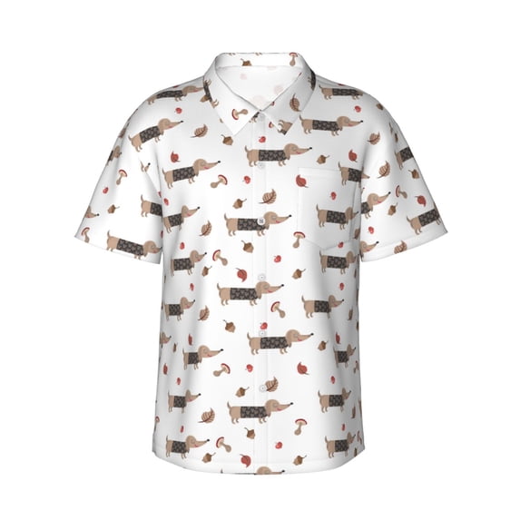 Sikiie Dachshund Dog Print Men's Hawaiian Shirt, Summer Beach Button Pocket Short Sleeve T-Shirt,Large