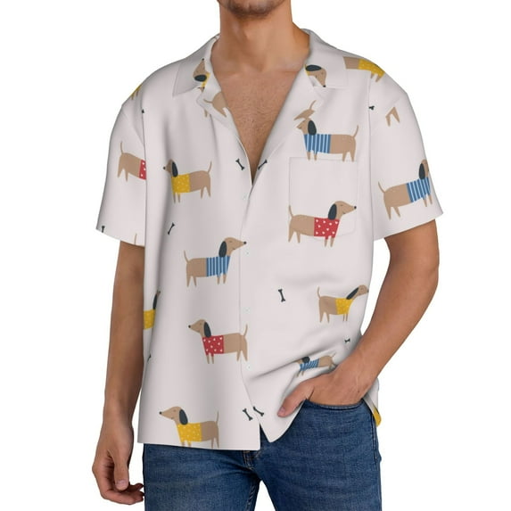 Sikiie Dachshund Dog Puppy Men's Wrinkle Free Untucked Cuban Shirt Business Casual Button Down Shirts Short Sleeve Shirt3X-Large
