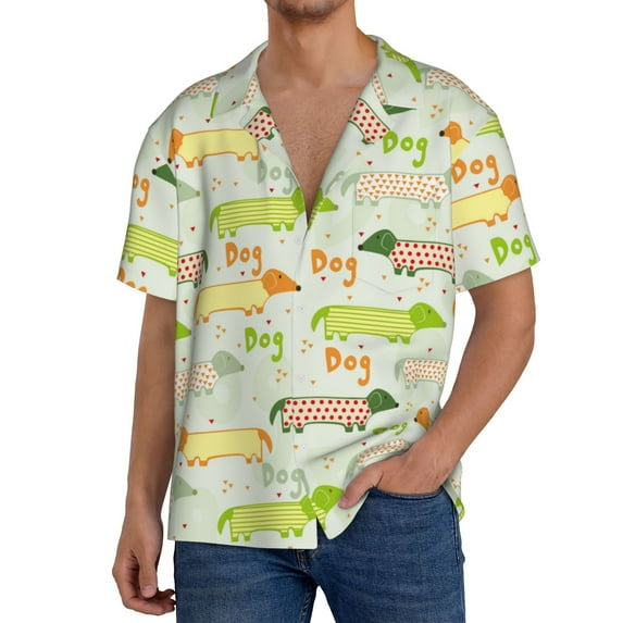 Sikiie Dachshund Dog Puppy Men's Wrinkle Free Untucked Cuban Shirt Business Casual Button Down Shirts Short Sleeve Shirt3X-Large