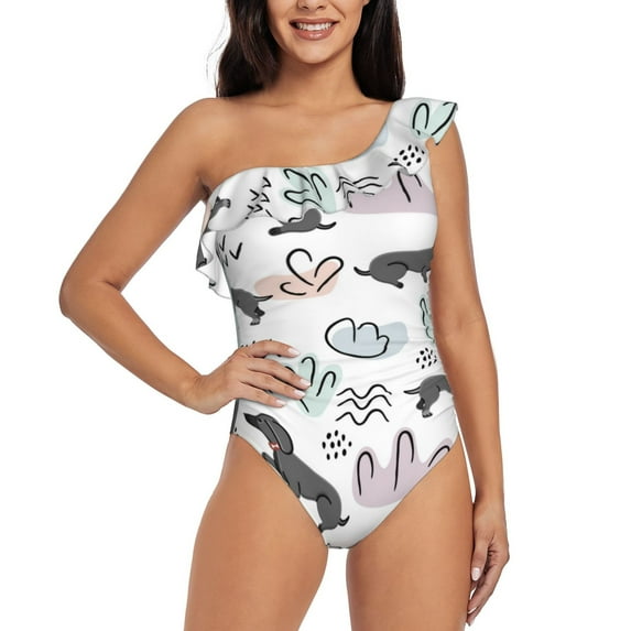 Sikiie Dachshund Dog Puppy Print Women One Piece Swimsuits Tummy Control One Shoulder Bathing Suits Ruffle Swimwear, From S to XXL-Medium