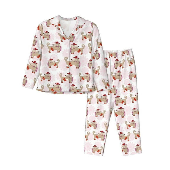 Sikiie Dachshund Dog Puppy Women's Long-Sleeve Shirt and Full-Length Bottom Pajama Set (s-xxl)-Large