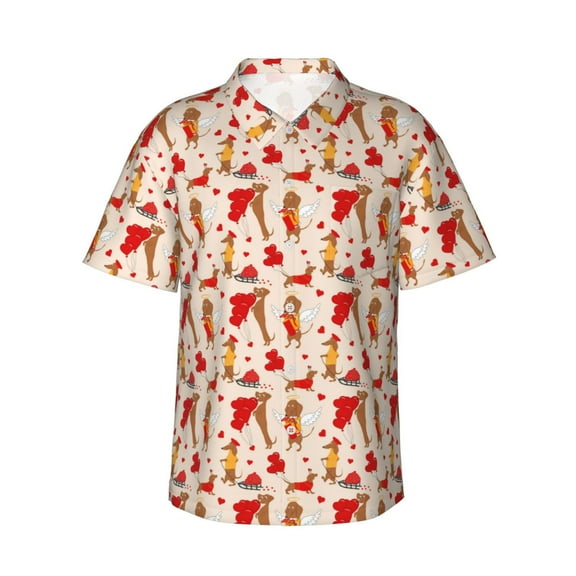 Sikiie Dachshunds dogs pulls a hearts Print Men's Hawaiian Shirt, Summer Beach Button Pocket Short Sleeve T-Shirt,XX-Large