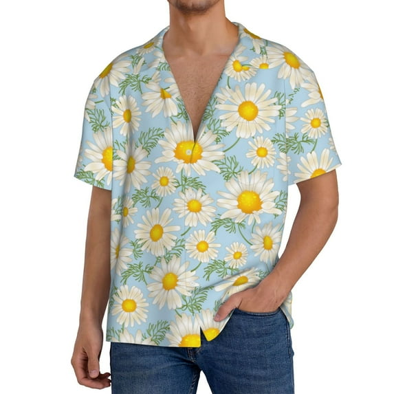 Sikiie Daisies Flowers Men's Wrinkle Free Untucked Cuban Shirt Business Casual Button Down Shirts Short Sleeve ShirtXX-Large