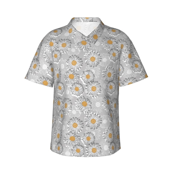 Sikiie Daisies Flowers Print Men's Hawaiian Shirt, Summer Beach Button Pocket Short Sleeve T-Shirt,XX-Large