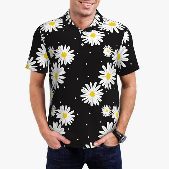 Sikiie Daisies Flowers Print Men's Short-sleeved POLO Shirts, Button-down Shirts and T-shirts are Suitable for Vacation, Leisure and Business-Medium