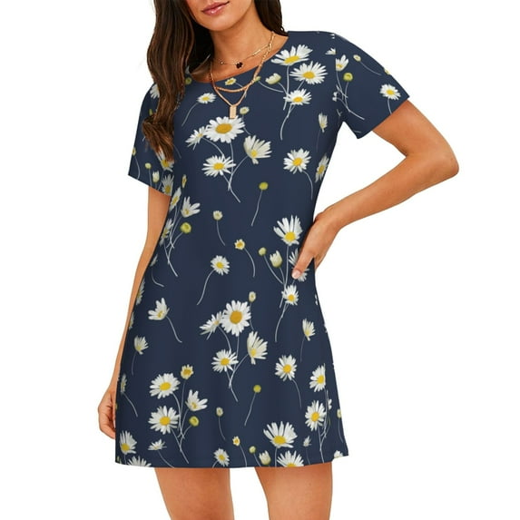 Sikiie Daisies Flowers Print Women's Short-sleeved Nightdress, Round Neck Pullover Nightdress Pajamas Summer Home Wear