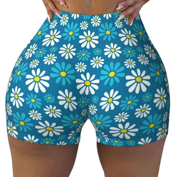 Sikiie Daisies Flowers Print Workout Shorts Women Scrunch Butt Gym Shorts Seamless High Waist Tummy Control Yoga Biker Athletic Shorts