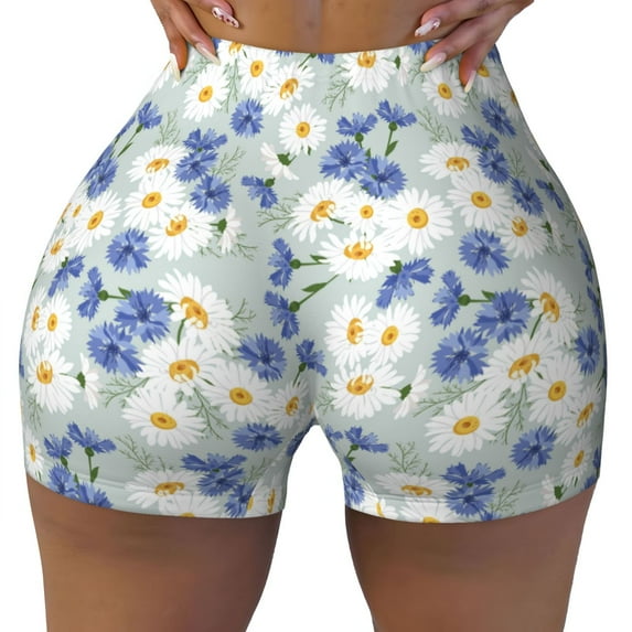 Sikiie Daisies Flowers Print Workout Shorts Women Scrunch Butt Gym Shorts Seamless High Waist Tummy Control Yoga Biker Athletic Shorts