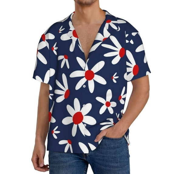 Sikiie Daisy Flowers Men's Wrinkle Free Untucked Cuban Shirt Business Casual Button Down Shirts Short Sleeve ShirtXX-Large