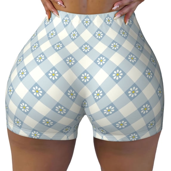 Sikiie Daisy Plaid Blue Print Workout Shorts Women Scrunch Butt Gym Shorts Seamless High Waist Tummy Control Yoga Biker Athletic Shorts