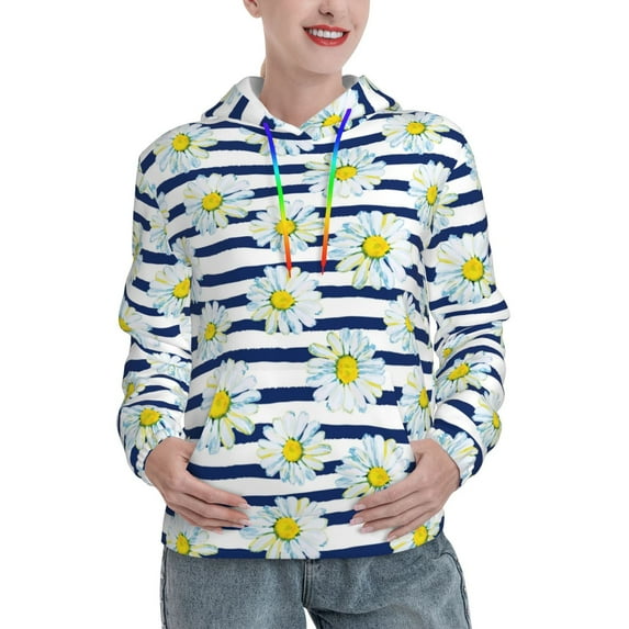 Sikiie Daisy Striped Nautical Women's Casual Hoodies Long Sleeve Lightweight Pullover Tops Loose Sweatshirt-Medium