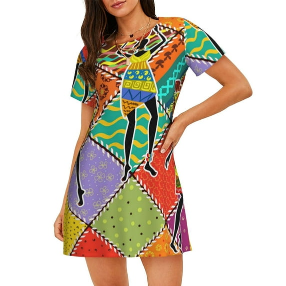 Sikiie Dancing African Womans Print Women's Short-sleeved Nightdress, Round Neck Pullover Nightdress Pajamas Summer Home Wear