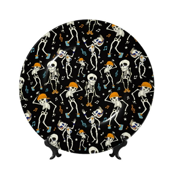Sikiie Dancing Skeleton Party Bone China Decorative Plate Personality Ceramic Dinner Plate Crafts Decorative Ceramic Decorative Plate -7in
