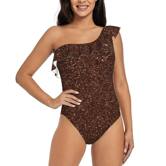 Sikiie Dark Brown Glitter Print Women One Piece Swimsuits Tummy Control One Shoulder Bathing Suits Ruffle Swimwear, From S to XXL-Medium