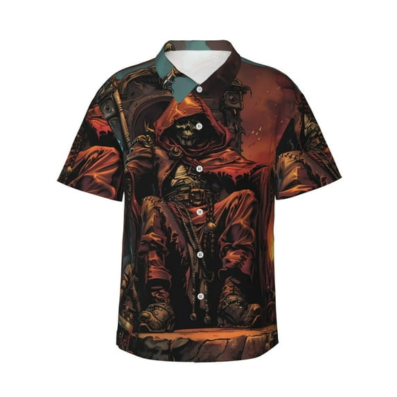 Sikiie Dark Skull King Throne Print Men's Hawaiian Shirt, Summer Beach Button Pocket Short Sleeve T-Shirt,XX-Large