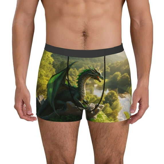 Sikiie Deep Forest Stone Green Dragon Print Men's Boxer Briefs, Elastic Waistband Boxer Briefs Leggings-Medium