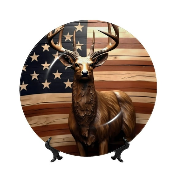 Sikiie Deer American Flag Vintage Bone China Decorative Plate Personality Ceramic Dinner Plate Crafts Decorative Ceramic Decorative Plate -8in