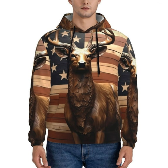Sikiie Deer American Flag Vintage Men's Hoodie, Essentials Hoodie, Sweatshirt, Pullover Hooded Sweatshirt for Men-X-Large
