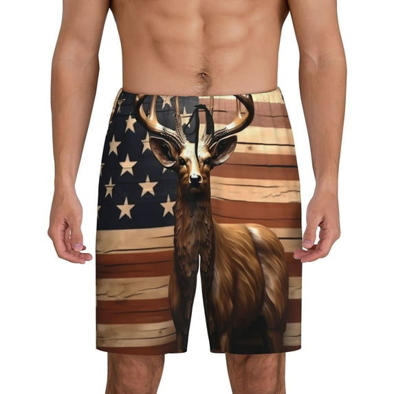 Sikiie Deer American Flag Vintage Mens Pajama Shorts, Lounge Pant, Men's shorts,Sleep Pj Shorts for Men-3X-Large