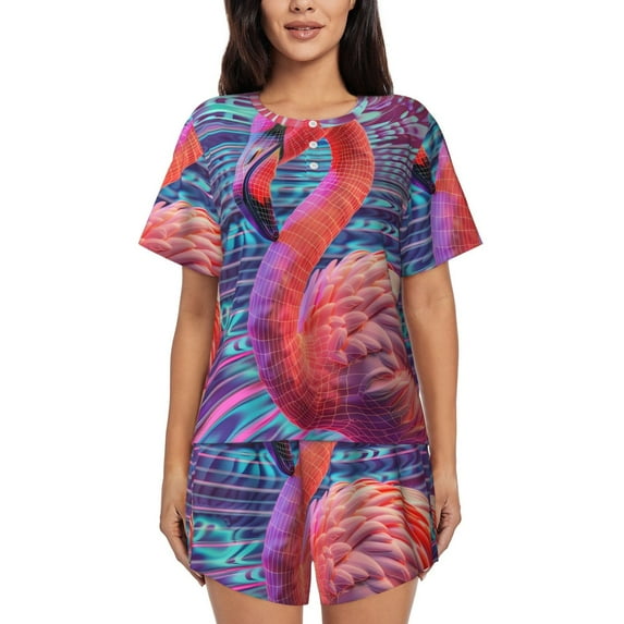 Sikiie Digital Flamingo Vibrant Art Womens Pajama Sets Short Sleeve Top With Pants Sleepwear 2 Piece Lounge Set-Large