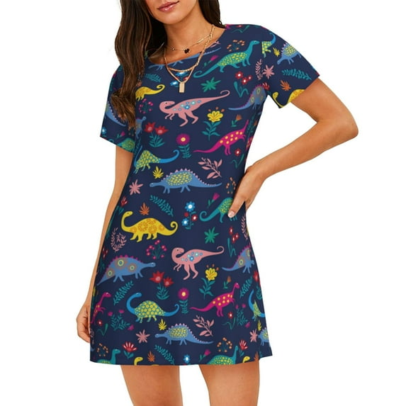 Sikiie Dinosaur Flowers Print Women's Short-sleeved Nightdress, Round Neck Pullover Nightdress Pajamas Summer Home Wear