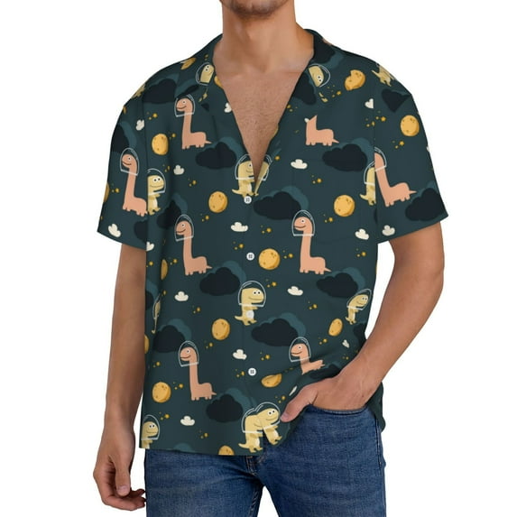 Sikiie Dinosaur In The Space Men's Wrinkle Free Untucked Cuban Shirt Business Casual Button Down Shirts Short Sleeve Shirt3X-Large